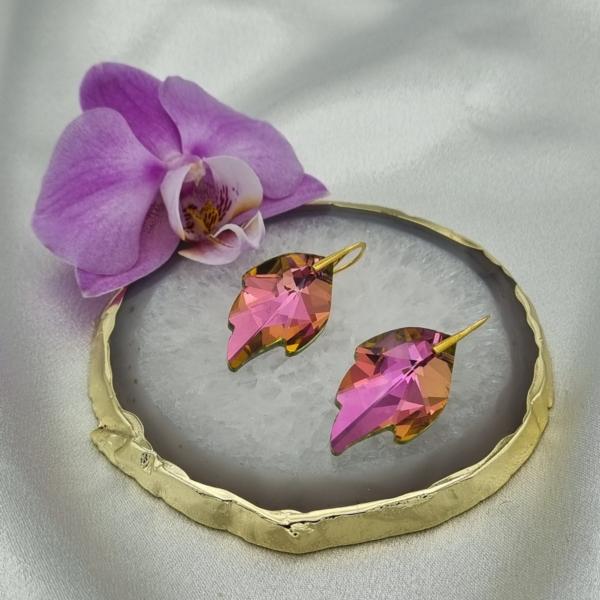 Handgemaakte kristallen oorbellen blad - roze/geel