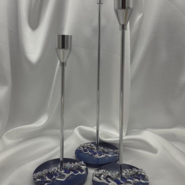 kandelaars epoxy en glas - set van 3 zilver en blauw