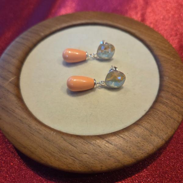 925 zilveren oorbellen met zalmroze kristalparel hanger